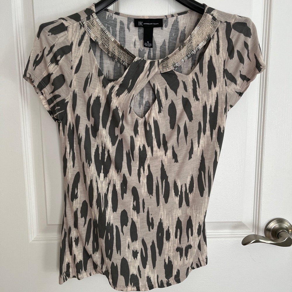INC International Concepts 100% Rayon Beaded Trim Taupe, Black and Cream Top